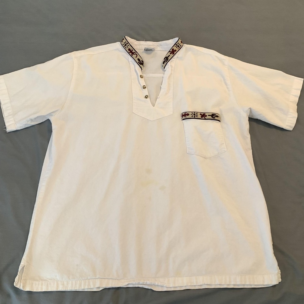 Adis Shirt Mens‎ XL White Embroidered Band Collar Short Sleeve Beach Wear Cotton
